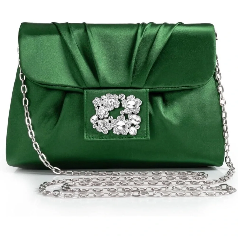 NWT-Elegant Green Satin Clutch with Chain Strap - Picture 1 of 12